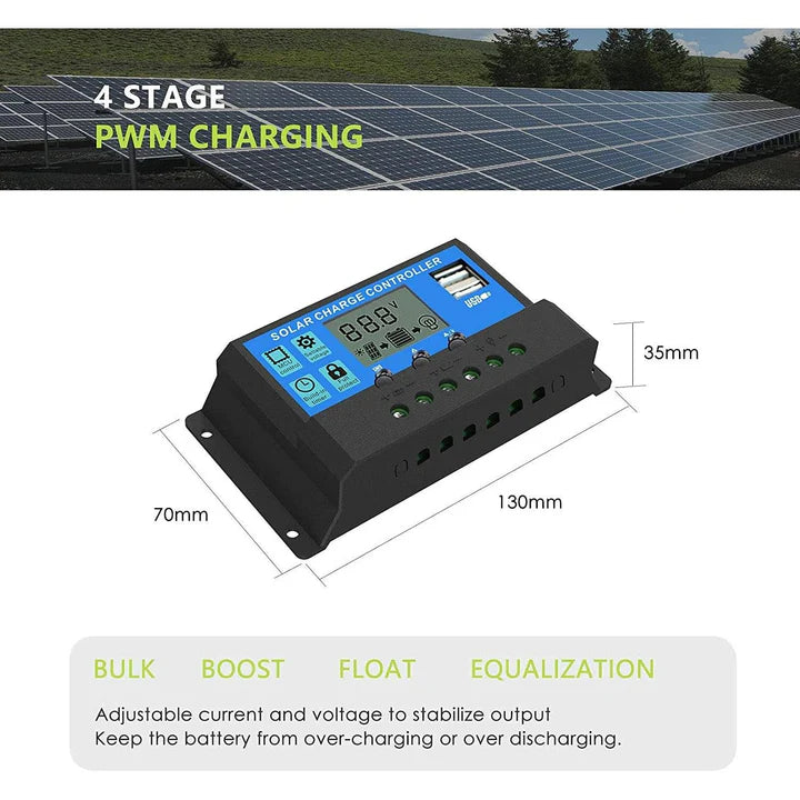 Solar Panel Charge Controller &amp; Regulator 12V/24V Auto Dual USB 30A Battery PWM